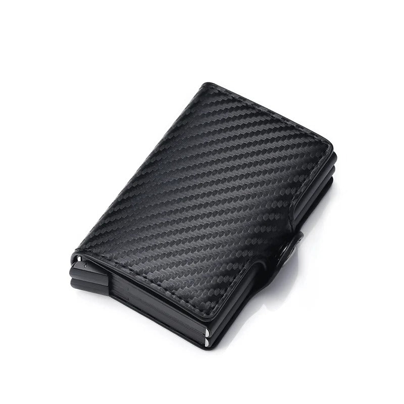 Porte-carte double anti-piratage et à pression - Le Robuste™ Noir effet Carbone