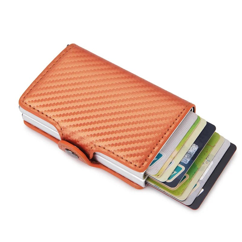 Porte-carte double anti-piratage et à pression - Le Robuste™ Orange effet Carbone